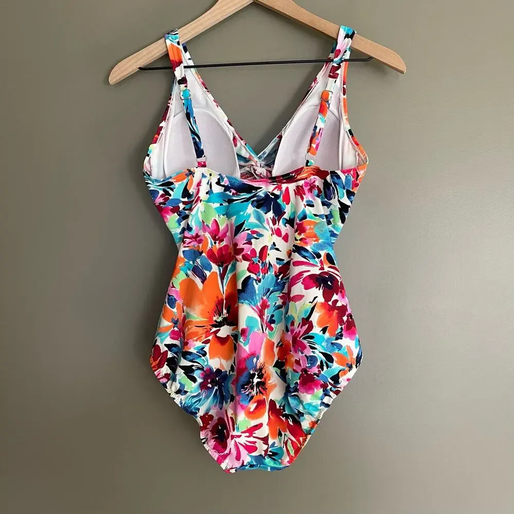 Swim Solutions Twist Bodice Allover‎ Slimming One-Piece Swimsuit Size 12 Floral - Picture 12 of 16